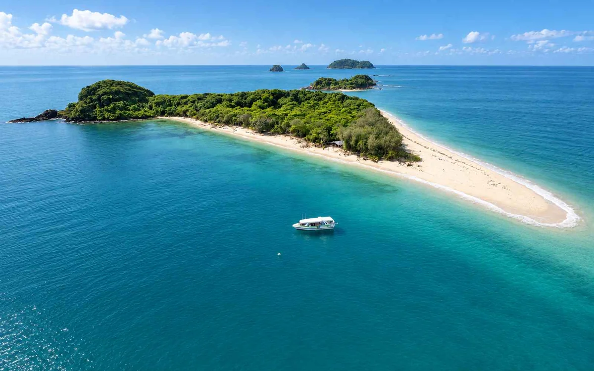 Eine sandige Cay mit flachem Wasser im Great Barrier Reef vor Cairns